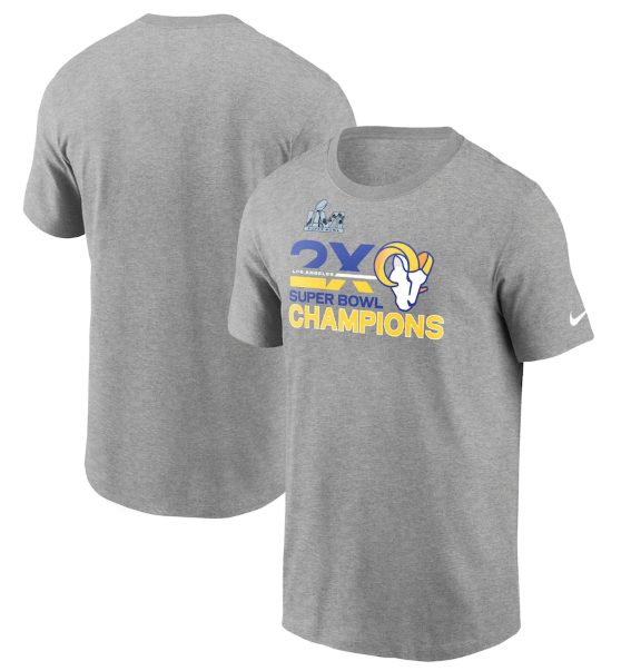 Men's Los Angeles Rams 2022 Heathered Gray 2-Time Super Bowl Champions T-Shirt Men's Los Angeles Rams 2022 Heathered Gray 2-Time Super Bowl Champions T-Shirt